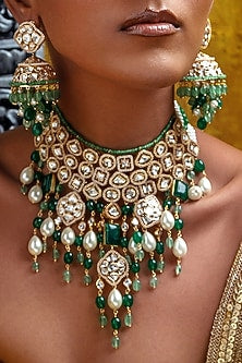 Gold Plated Hydro Polki & Jade Necklace Set