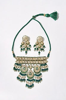Gold Plated Hydro Polki & Green Jade Tumble Necklace Set
