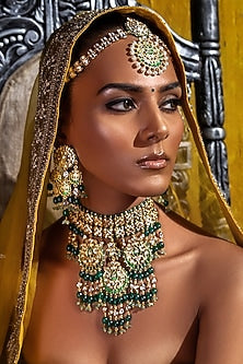 Gold Plated Hydro Polki & Green Jade Tumble Necklace Set