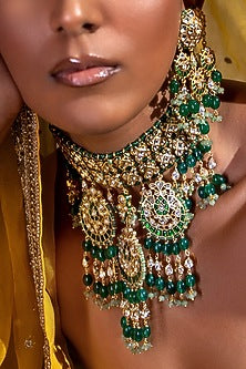 Gold Plated Hydro Polki & Green Jade Tumble Necklace Set