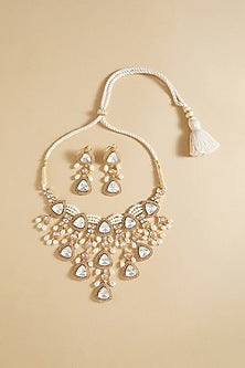 Gold Plated Hydro Polki & Freshwater Pearl Drop Necklace Set