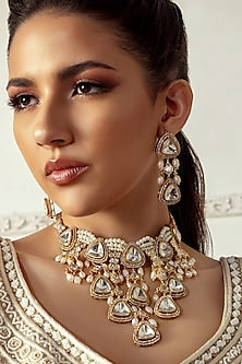Gold Plated Hydro Polki & Freshwater Pearl Drop Necklace Set