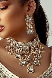 Gold Plated Hydro Polki & Freshwater Pearl Drop Necklace Set