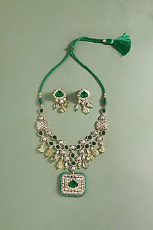 Gold Plated Hydro Polki & Green Agate Beaded Necklace Set