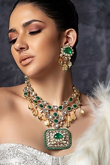 Gold Plated Hydro Polki & Green Agate Beaded Necklace Set