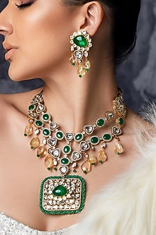 Gold Plated Hydro Polki & Green Agate Beaded Necklace Set