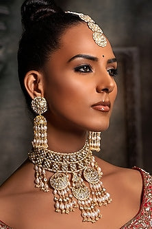 Gold Plated Hydro Polki & Freshwater Pearl Necklace Set