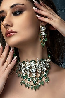 Gold Plated Hydro Polki & Hydro Emerald Necklace Set