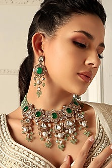 Gold Plated Hydro Polki & Baroque Pearl Necklace Set
