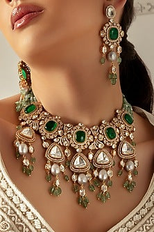 Gold Plated Hydro Polki & Baroque Pearl Necklace Set