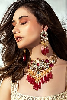 Gold Plated Hydro Polki & Tourmaline Drop Necklace Set
