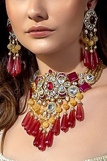 Gold Plated Hydro Polki & Tourmaline Drop Necklace Set