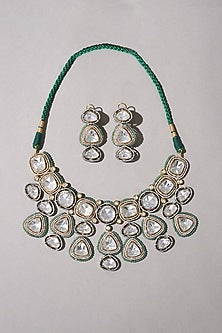 Gold Plated Hydro Polki & Green Agate Beaded Necklace Set