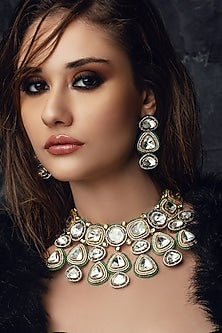 Gold Plated Hydro Polki & Green Agate Beaded Necklace Set