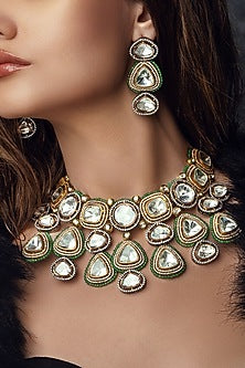 Gold Plated Hydro Polki & Green Agate Beaded Necklace Set