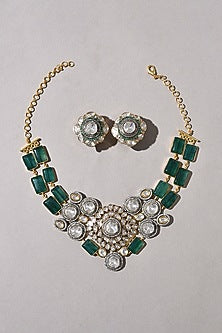 Gold Plated Hydro Polki & Green Agate Beaded Necklace Set