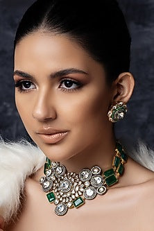 Gold Plated Hydro Polki & Green Agate Beaded Necklace Set