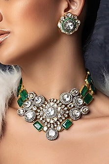 Gold Plated Hydro Polki & Green Agate Beaded Necklace Set