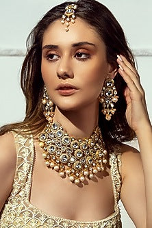 Gold Plated Hydro Polki & Agate Beaded Necklace Set
