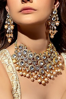 Gold Plated Hydro Polki & Agate Beaded Necklace Set