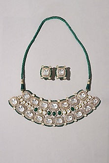 Gold Plated Hydro Polki & Green Agate Beaded Necklace Set