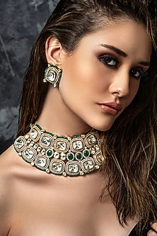 Gold Plated Hydro Polki & Green Agate Beaded Necklace Set