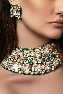 Gold Plated Hydro Polki & Green Agate Beaded Necklace Set