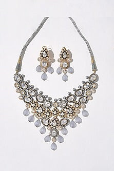Gold Plated Hydro Polki & Grey Carved Agate Necklace Set
