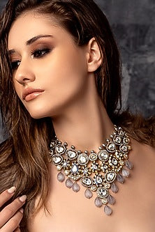 Gold Plated Hydro Polki & Grey Carved Agate Necklace Set