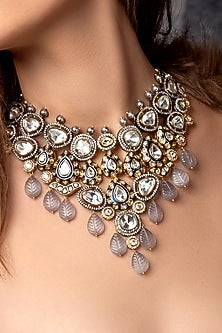 Gold Plated Hydro Polki & Grey Carved Agate Necklace Set