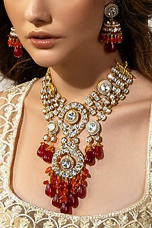 Gold Plated Hydro Polki & Beaded Necklace Set