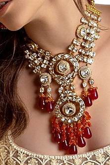 Gold Plated Hydro Polki & Beaded Necklace Set