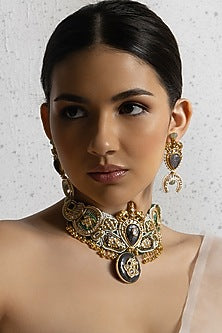 Gold Plated Hydro Ruby & Agate Beaded Choker Necklace Set
