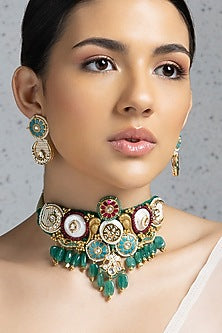 Gold Plated Hydro Ruby & Hydro Polki Choker Necklace Set