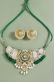 Gold Plated Hydro Emerald & Hydro Polki Choker Necklace Set