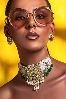 Gold Plated Hydro Emerald & Hydro Polki Choker Necklace Set