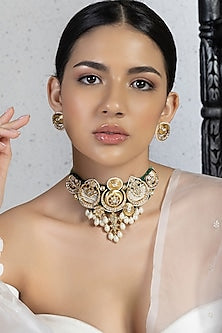 Gold Plated Hydro Polki & Shell Pearl Choker Necklace Set