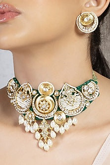Gold Plated Hydro Polki & Shell Pearl Choker Necklace Set