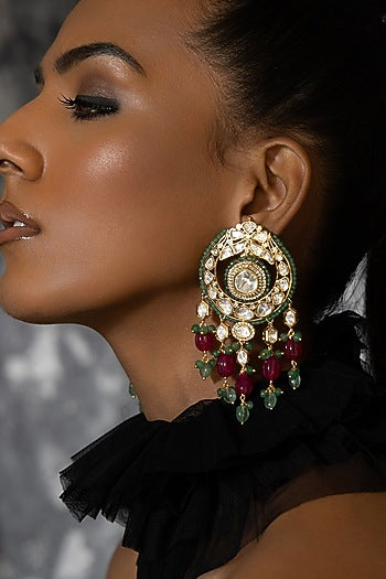 Gold plated Hydro Polki & Agate Bead Dangler Earrings
