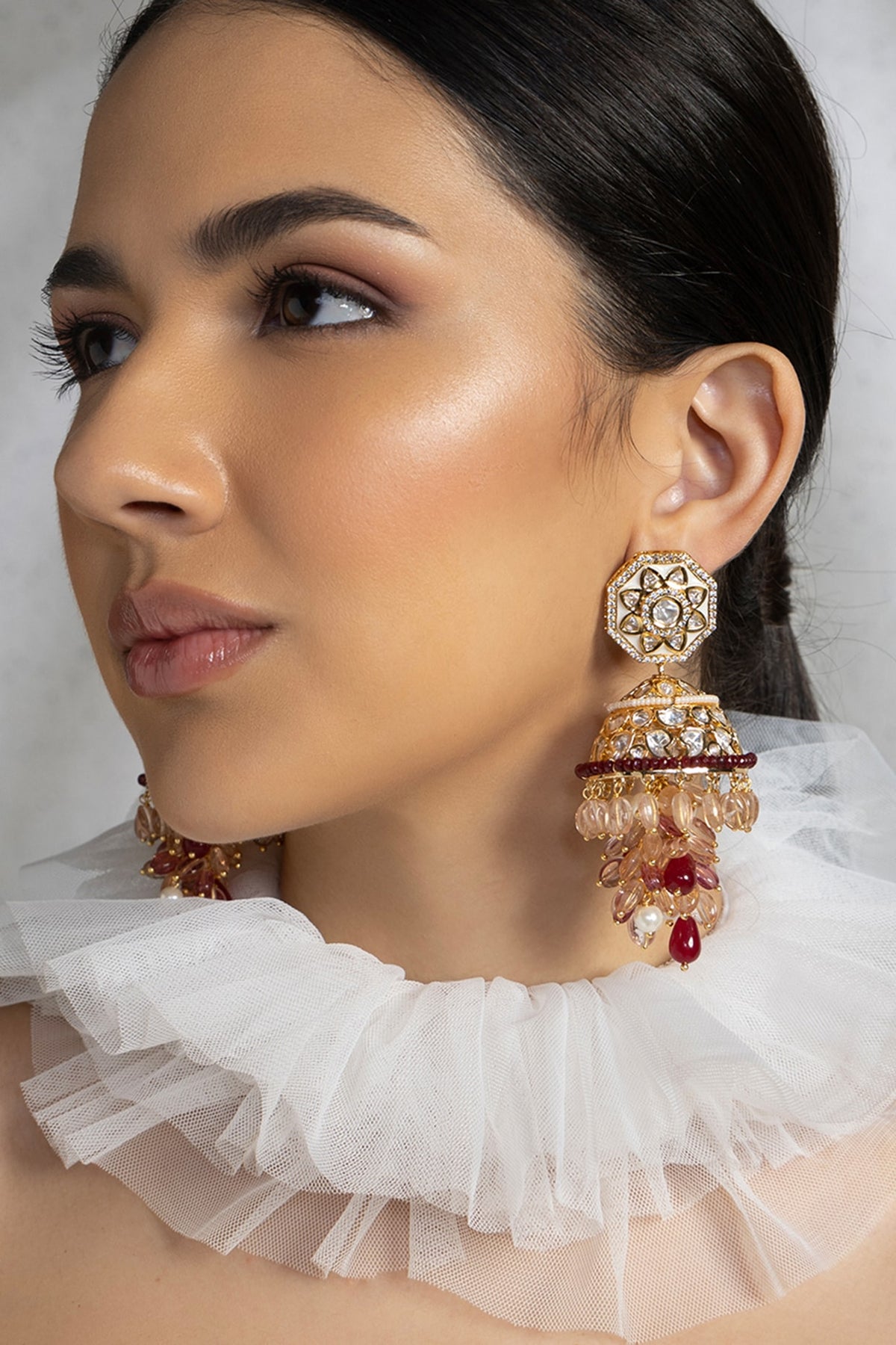 Gold plated Hydro Polki & Jade Tumble Jhumka Earrings