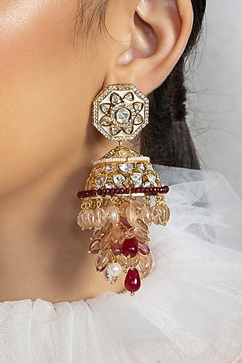 Gold plated Hydro Polki & Jade Tumble Jhumka Earrings