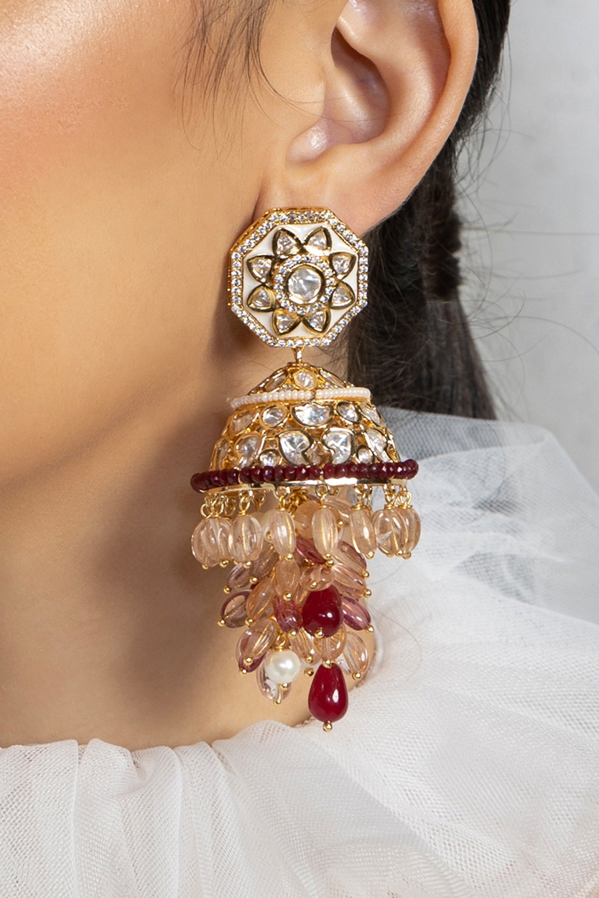 Gold plated Hydro Polki & Jade Tumble Jhumka Earrings