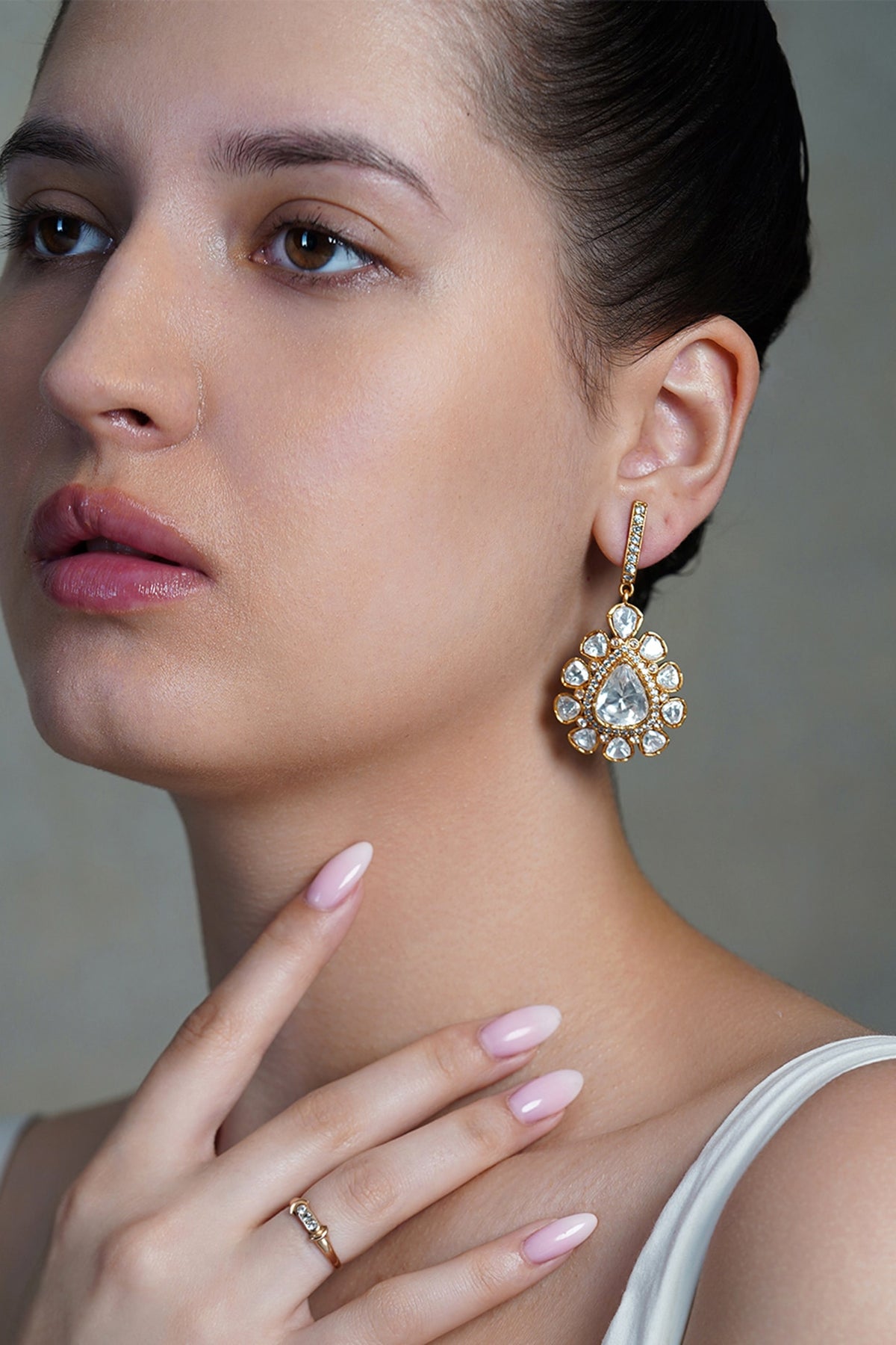 Yellow Gold Finish Kundan Polki Dangler Earrings