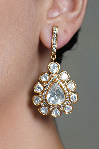 Yellow Gold Finish Kundan Polki Dangler Earrings