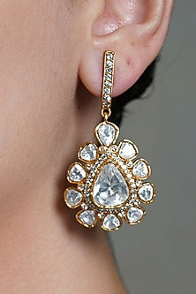 Yellow Gold Finish Kundan Polki Dangler Earrings