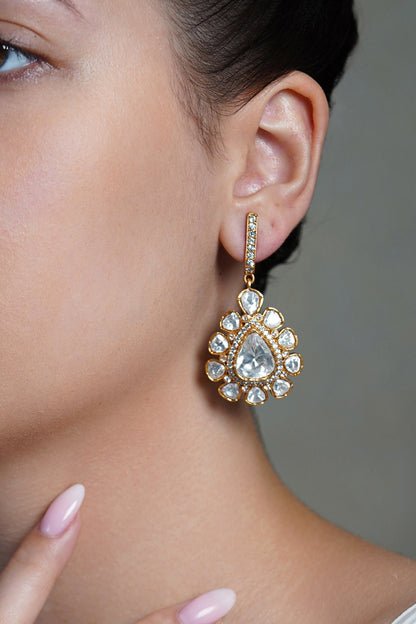 Yellow Gold Finish Kundan Polki Dangler Earrings