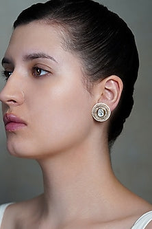 Yellow Gold Finish Kundan Polki Stud Earrings