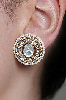 Yellow Gold Finish Kundan Polki Stud Earrings