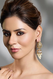 Yellow Gold Finish Pearl Jhumka Hoop Earrings