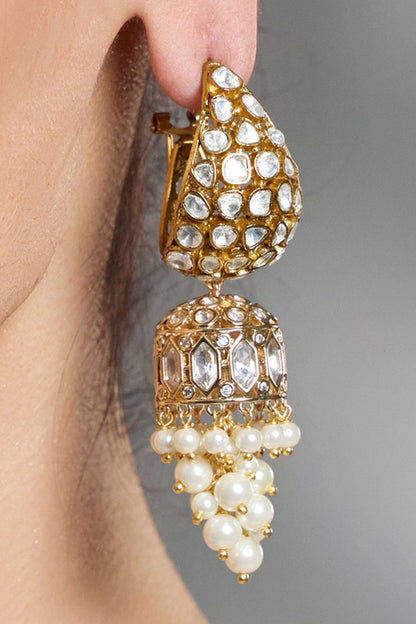 Yellow Gold Finish Pearl Jhumka Hoop Earrings